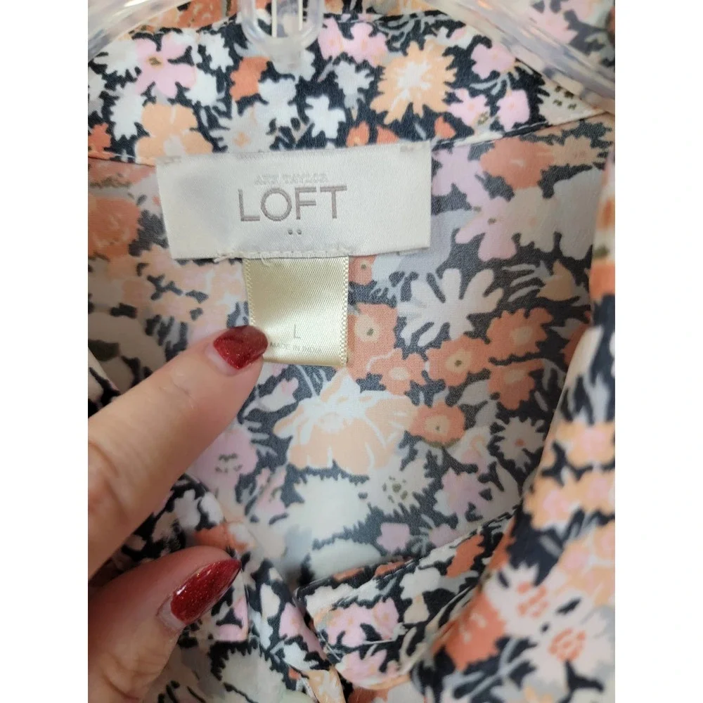 Ann Taylor Loft Women's Dress Collared 3/4 Roll-Tab Sleeves Size Large Floral - Picture 4 of 8